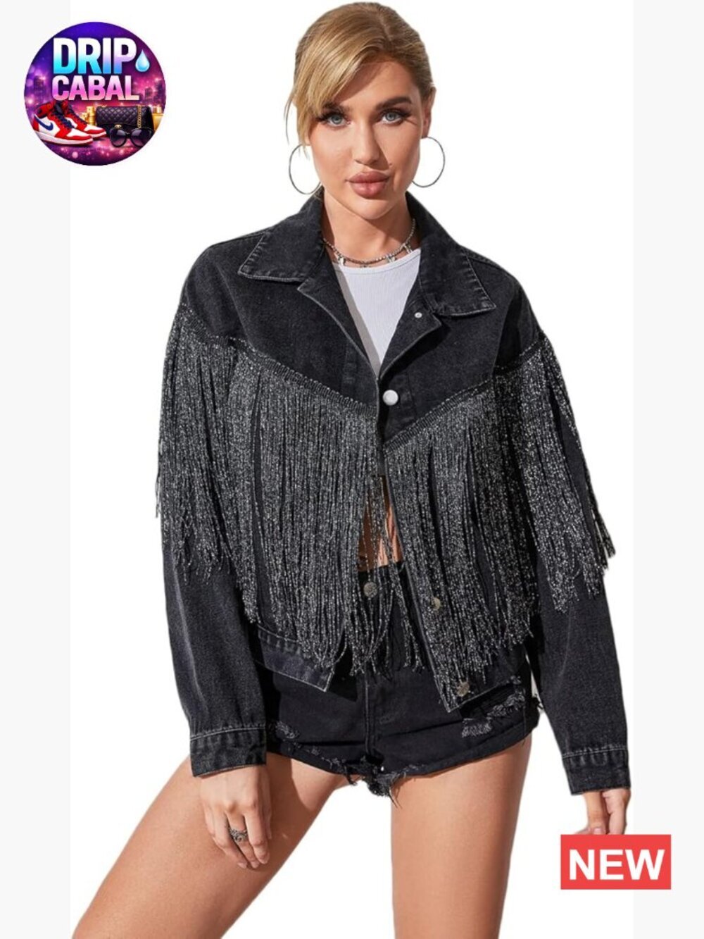 Womens Crop Denim Jacket Tassel Fringe Jean Coat Casual